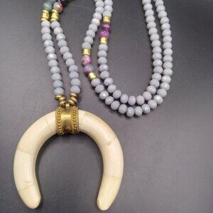 Signed FABULINA Horn Pendant and Crystal Faceted Beads